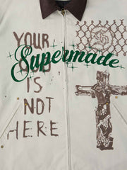 Supermade Slogan Print Color-Blocked Embroidered Retro Canvas Jacket 