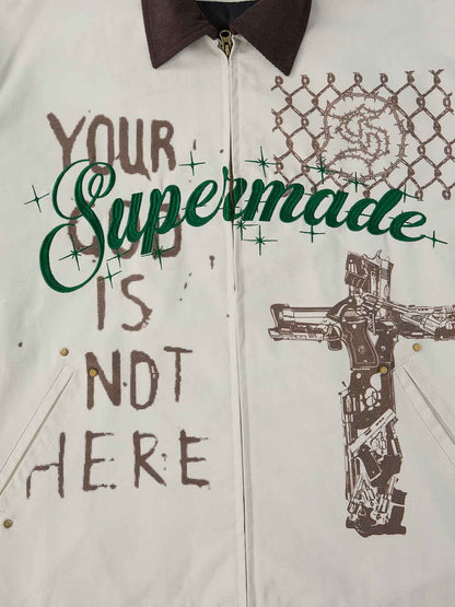 Supermade Slogan Print Color-Blocked Embroidered Retro Canvas Jacket 