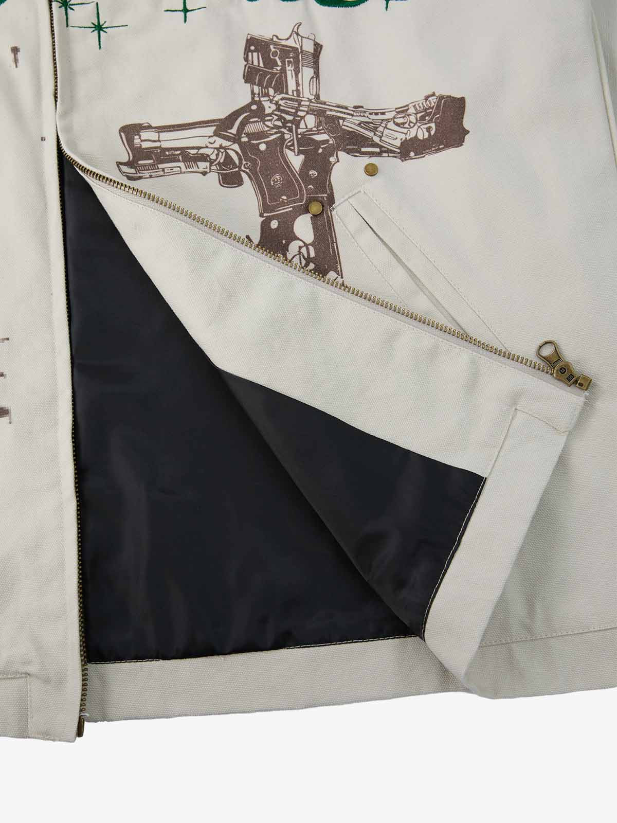 Supermade Slogan Print Color-Blocked Embroidered Retro Canvas Jacket 
