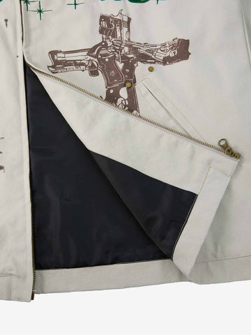 Supermade Slogan Print Color-Blocked Embroidered Retro Canvas Jacket 