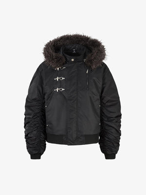 Detachable Faux Fur Collar Ruched Sleeve Bomber Jacket 