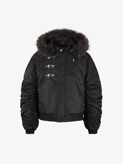 Detachable Faux Fur Collar Ruched Sleeve Bomber Jacket 