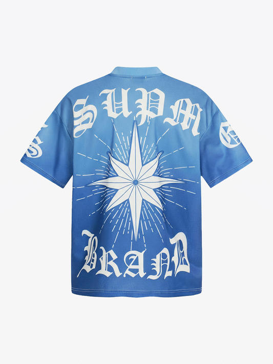 Polyester V-Neck Graphic T-Shirt with Starburst Print and Gradient Design 