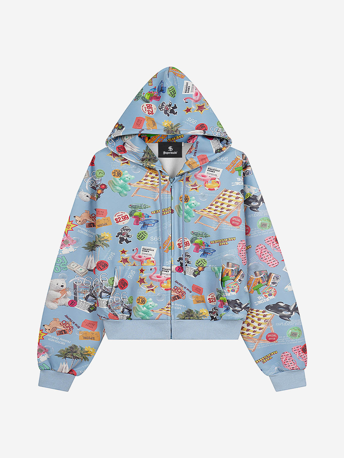 Retro Toy Collage Graphic Oversized Zip Hoodie