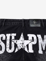 Hand-Painted Graphic Distressed Wide-Leg Jeans