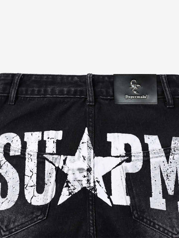 Hand-Painted Graphic Distressed Wide-Leg Jeans