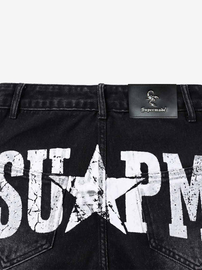 Hand-Painted Graphic Distressed Wide-Leg Jeans