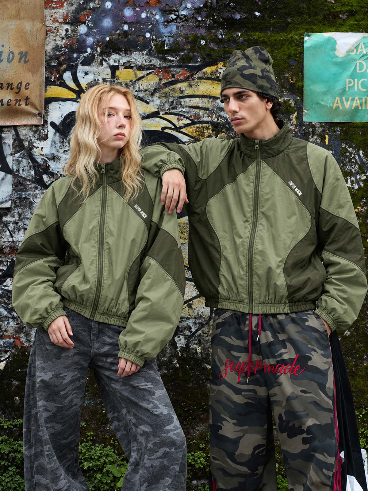Graphic Print Batwing-Sleeve Nylon Track Jacket