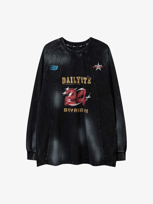 Letter Print Dirty Ink Round Neck Long Sleeve T-Shirt 