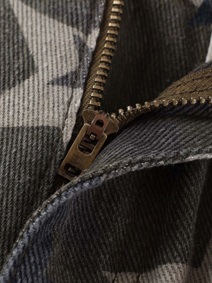 Denim Star Print Wide Leg Pants with Elastic Cuff for Casual Streetwear 