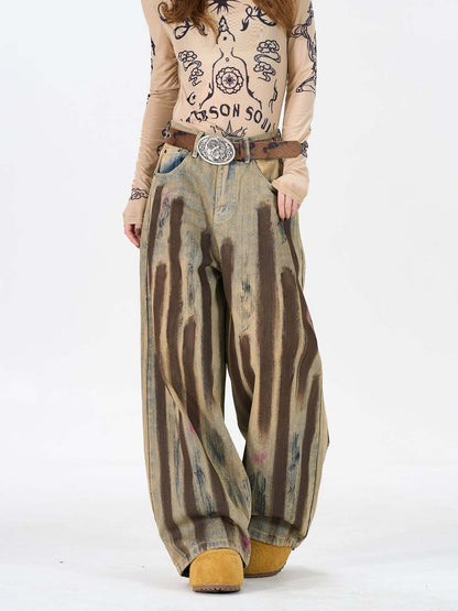 Retro Washed Brushstroke Wide-Leg Jeans 
