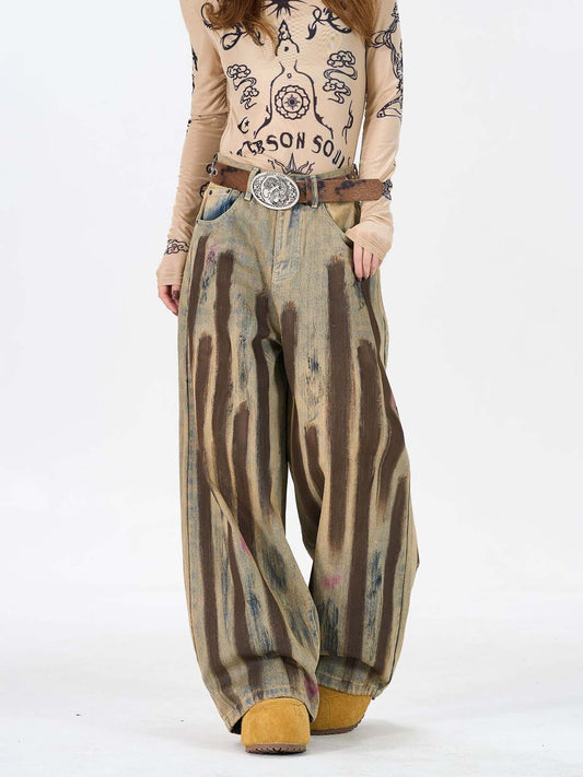 Retro Washed Brushstroke Wide-Leg Jeans 
