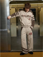 Contrast Panel Graphic Zip-Up Hoodie & Wide-Leg Sweatpants Set