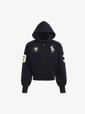Streetwear Knight Horse Embroidered Cropped Zip-Up Hoodie