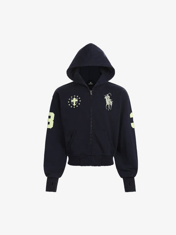 Streetwear Knight Horse Embroidered Cropped Zip-Up Hoodie