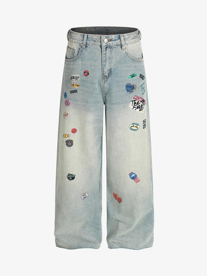 Multi-Graphic Distressed Straight-Leg Jeans