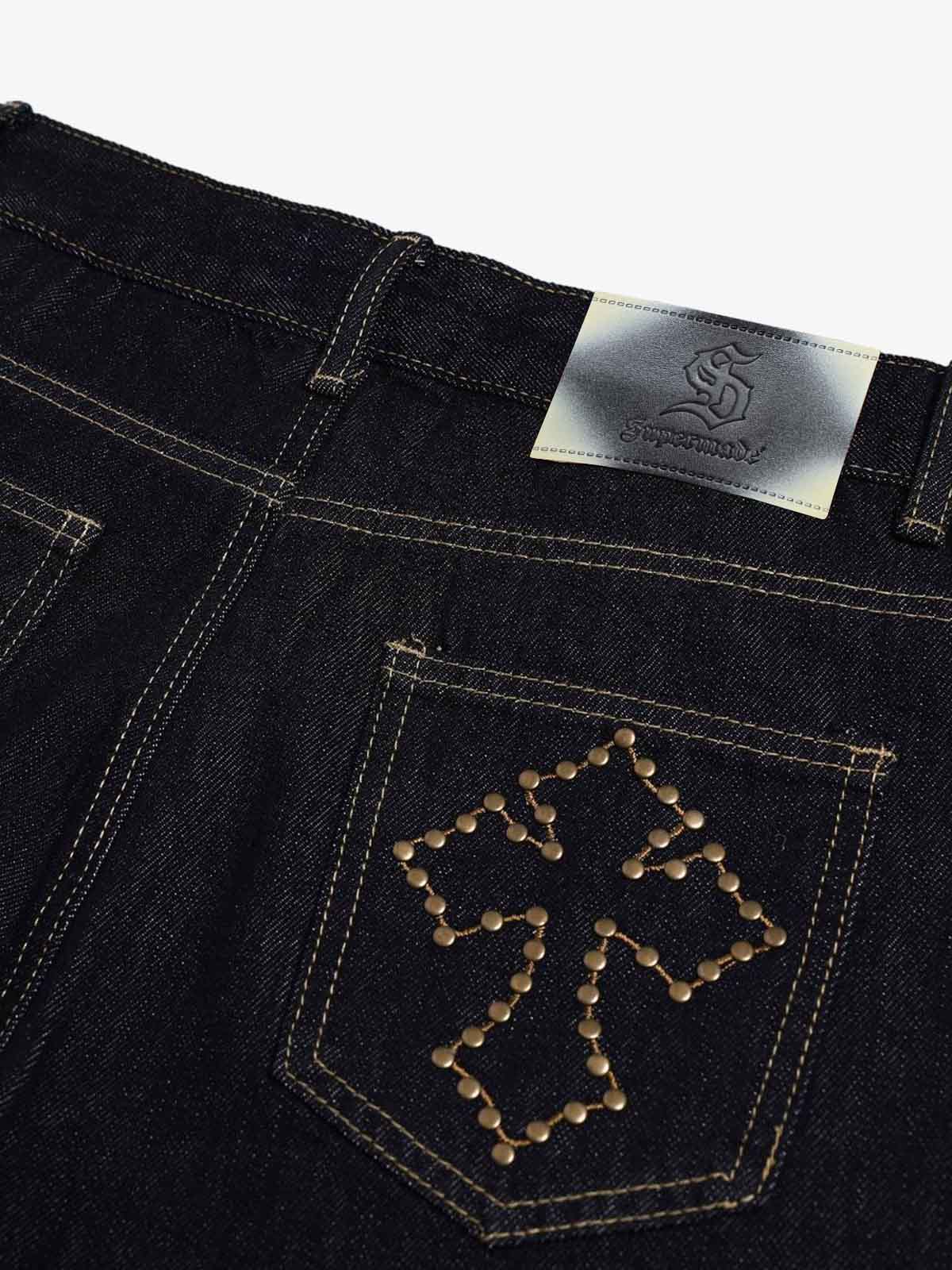 Stylish Cross-Embroidered Wide-Leg Jeans for Women - Perfect for Casual and Fashionable Looks 