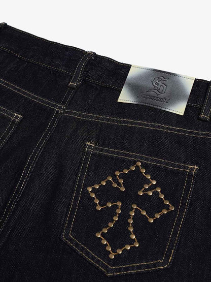 Stylish Cross-Embroidered Wide-Leg Jeans for Women - Perfect for Casual and Fashionable Looks 