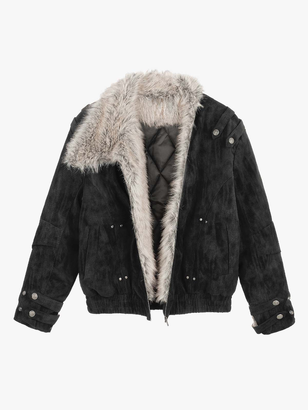 Oversized Faux-Fur Collar Distressed Bomber Coat