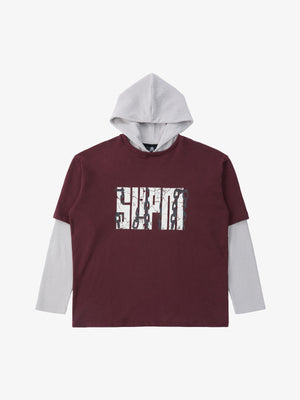 Original Print Faux Two-Piece Hooded Long-Sleeve T-Shirt 