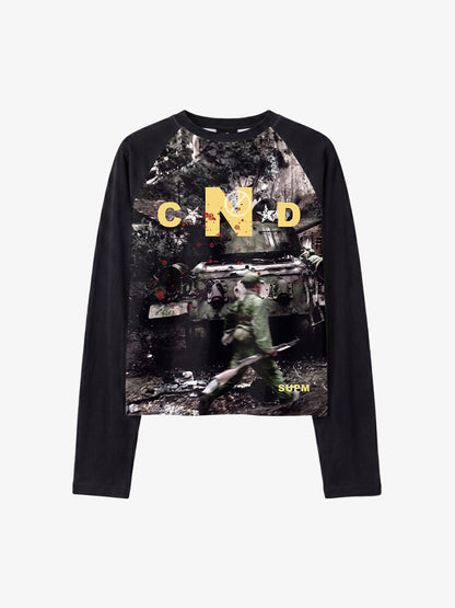 All-Over Battlefield Anti-War Graphic Raglan Long Sleeve Tee