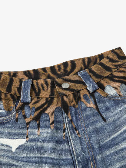 Leopard Ripped 3D Print Baggy Barrel Jeans