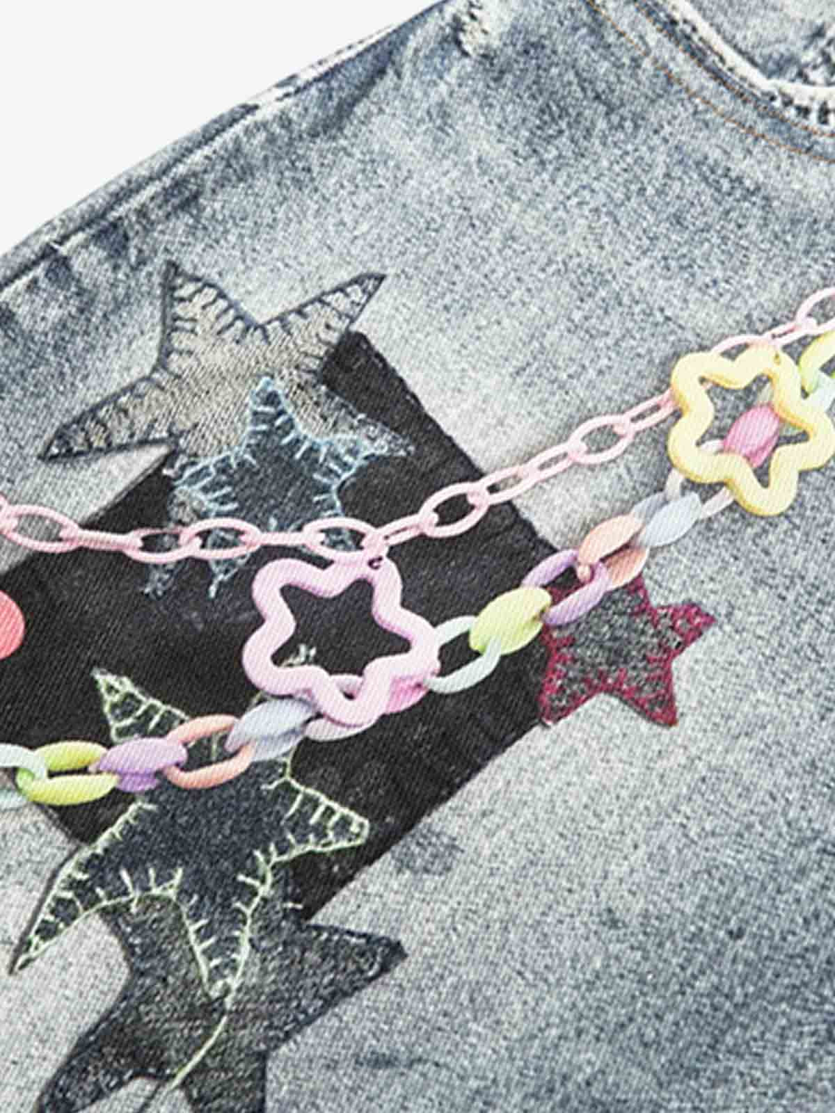 Charm Detail Graphic Denim Shorts 