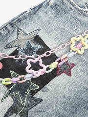 Charm Detail Graphic Denim Shorts 