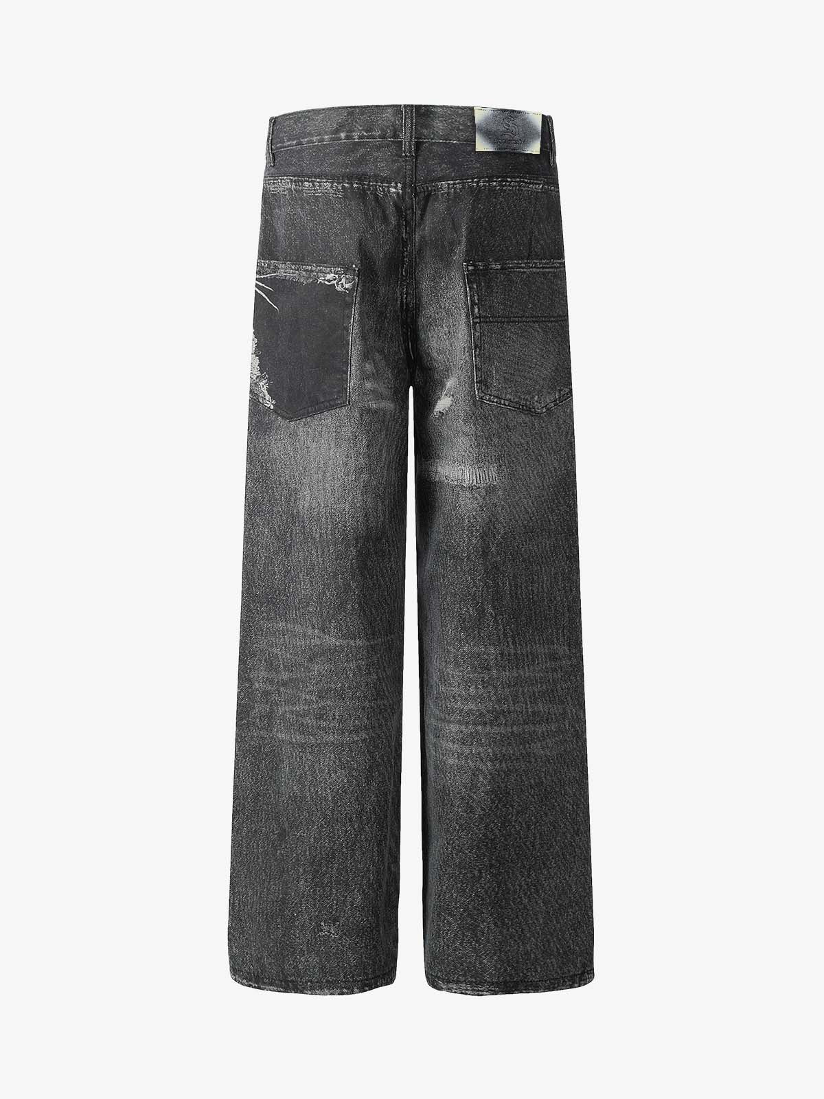 3D-printed Distressed Digital Print Cleanfit Straight Leg Jeans