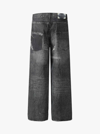 3D-printed Distressed Digital Print Cleanfit Straight Leg Jeans
