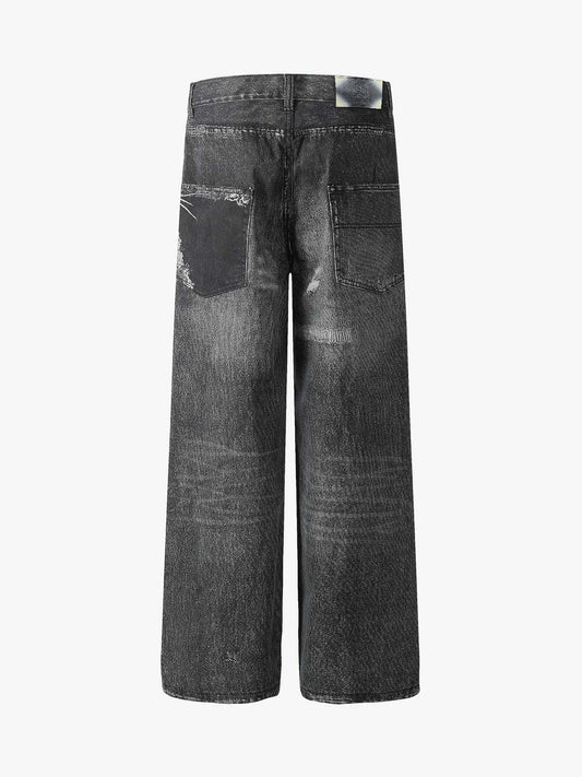 3D-printed Distressed Digital Print Cleanfit Straight Leg Jeans