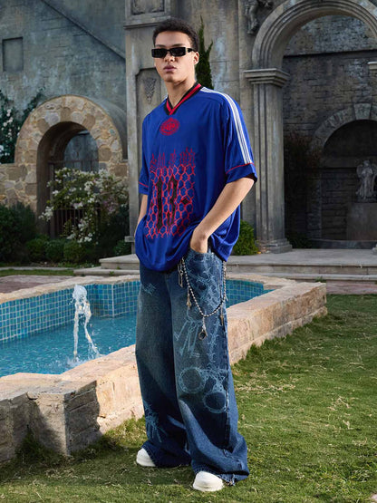 Supermade Color-Blocked V-Neck Embroidered Jersey Short-Sleeved 