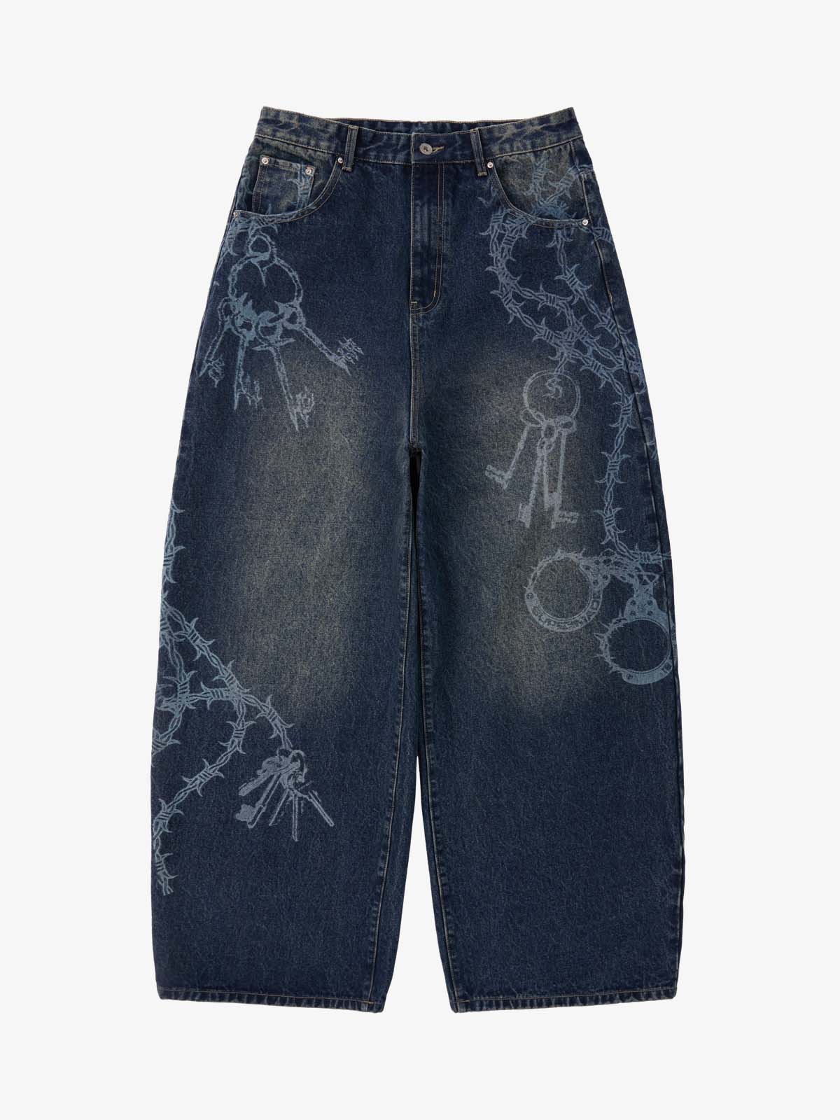 Original Retro Thorn and Key Pattern Laser-Burnout Baggy Jeans - 2595 