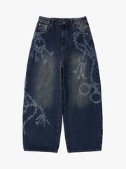 Original Retro Thorn and Key Pattern Laser-Burnout Baggy Jeans - 2595 