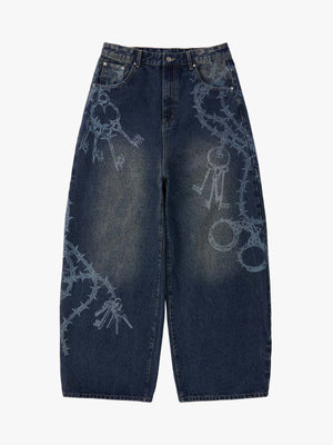 Original Retro Thorn and Key Pattern Laser-Burnout Baggy Jeans 