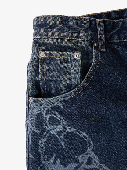 Original Retro Thorn and Key Pattern Laser-Burnout Baggy Jeans 