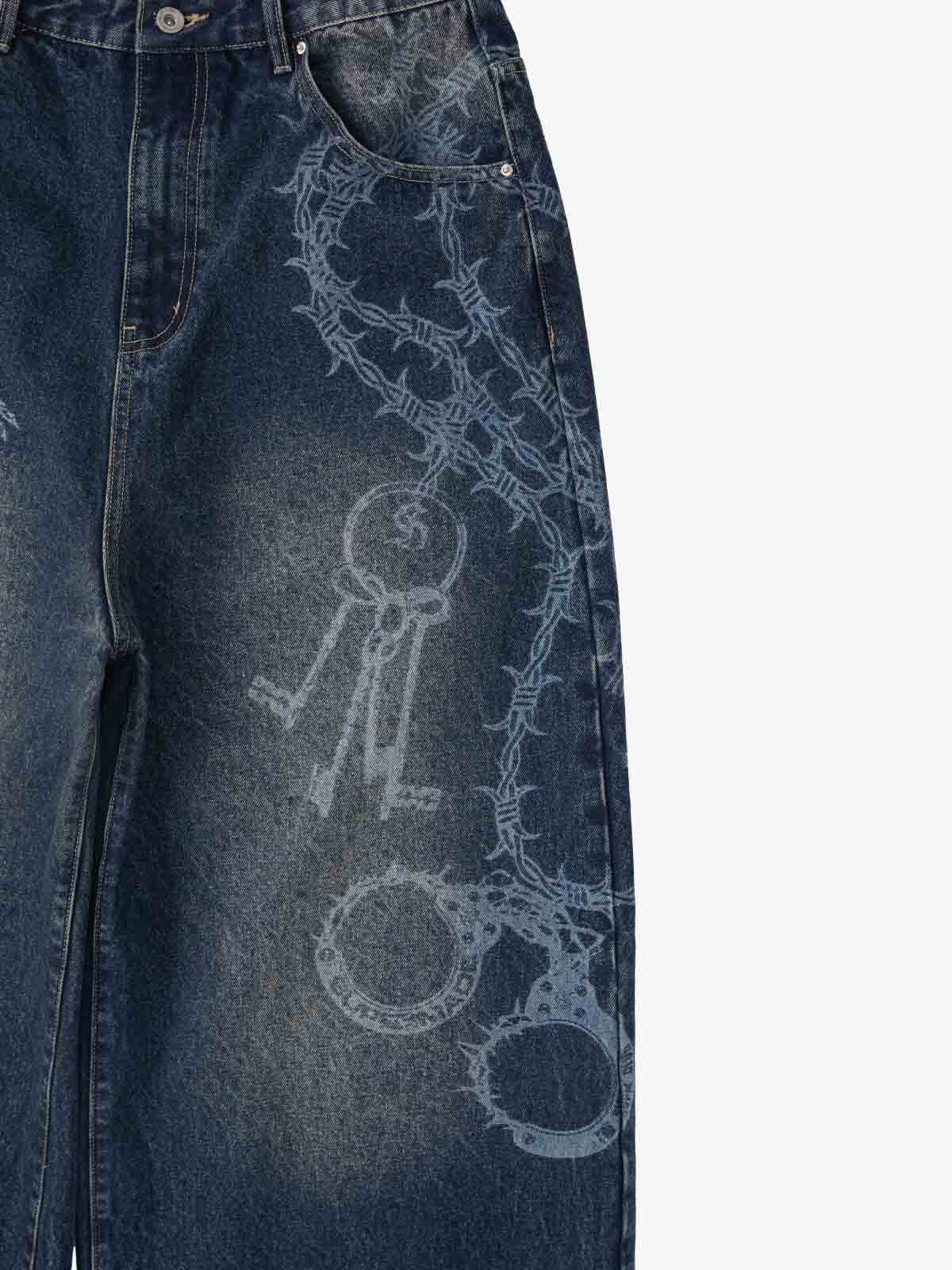 Original Retro Thorn and Key Pattern Laser-Burnout Baggy Jeans - 2595 