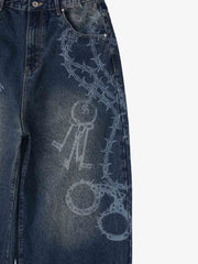 Original Retro Thorn and Key Pattern Laser-Burnout Baggy Jeans - 2595 