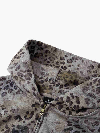 Streetwear Leopard Print Boxy Fit Zip Hoodie