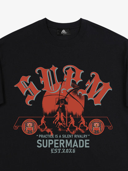 thesupermade-Cotton Basketball Graphic T-Shirt with "Practice Is A Silent Rivalry" Print and Oversized Fit 