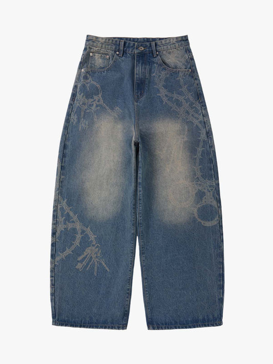 Original Retro Thorn and Key Pattern Laser-Burnout Baggy Jeans 