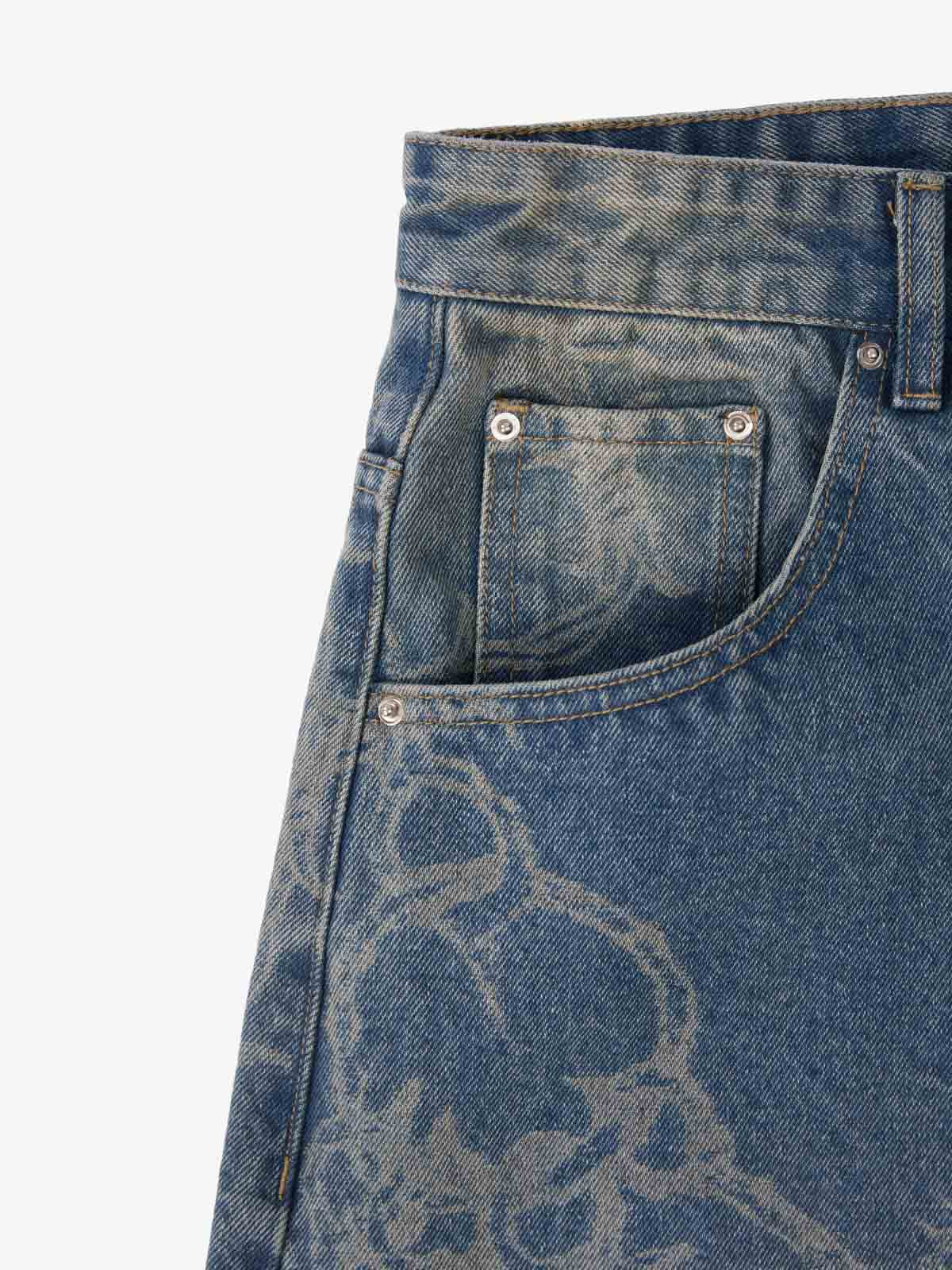 Original Retro Thorn and Key Pattern Laser-Burnout Baggy Jeans - 2595 