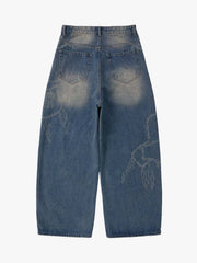 Original Retro Thorn and Key Pattern Laser-Burnout Baggy Jeans - 2595 