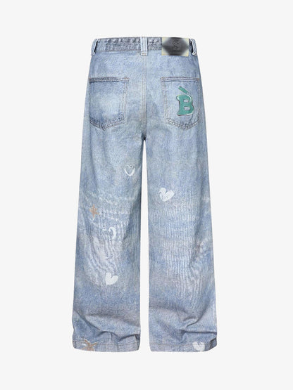 Denim Wide Leg Jeans with Dalmatian Print and Studs, Distressed Design for Streetwear Fashion 