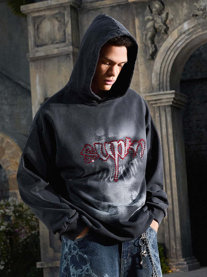 Rhinestone Letter Airbrush Graphic Pullover Hoodie 