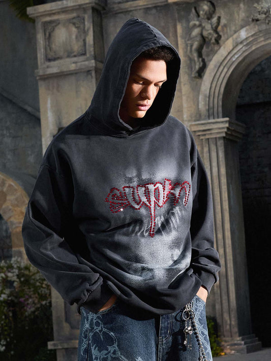 Rhinestone Letter Airbrush Graphic Pullover Hoodie 