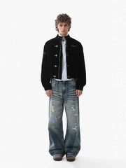 Vintage Suede Embroidered Metal Clip Down Jacket - 2626 
