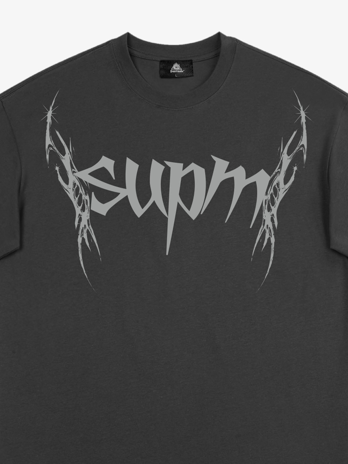 THE SUPERMADE Futuristic spiked pattern gothic style logo font design T-shirts 