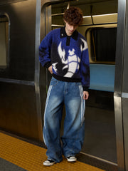 Abstract Spray Graphic Jacquard Knit Polo Sweater