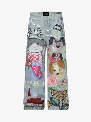 Denim Painted Animal Print Wide Leg Jeans with Cartoon Cat Dog Design 